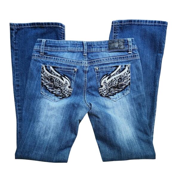 ZCO Jeans Juniors Size 7 Blue Denim Angel Wing Pockets Rhinestone Embroidered - Picture 1 of 10